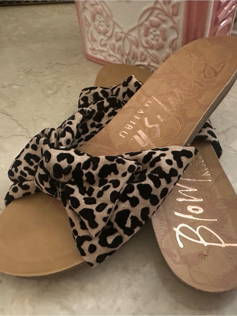 Blowfish Leopard Bow Slide Sandals - Tan/Black size 7.5